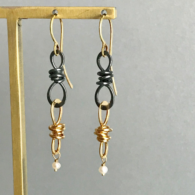 Small Double Knot Drop Earring, Oxidized Silver & Gold