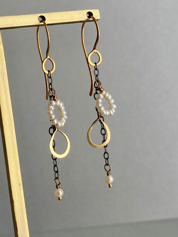 The Pearl Circle and Petal Drop Earring, Oxidized Silver and 18K Gold