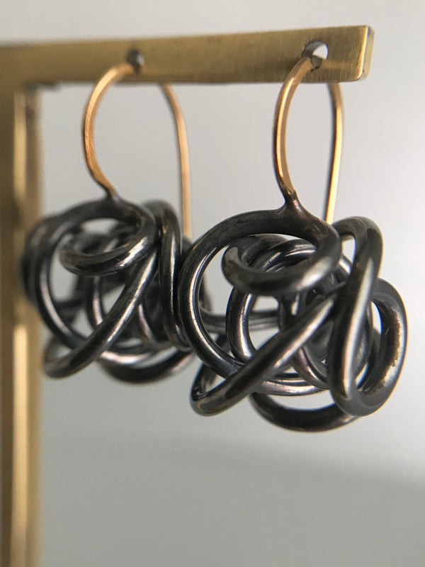XLG Sculpture Closed Drop Earring, Oxidized Silver & Gold