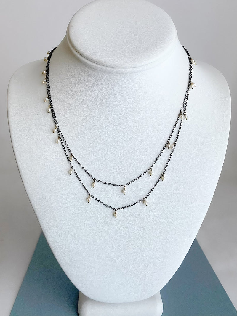 Delicate, scattered Pearl Necklace, Silver & Gold