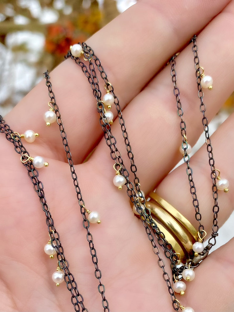 Delicate, scattered Pearl Necklace, Silver & Gold