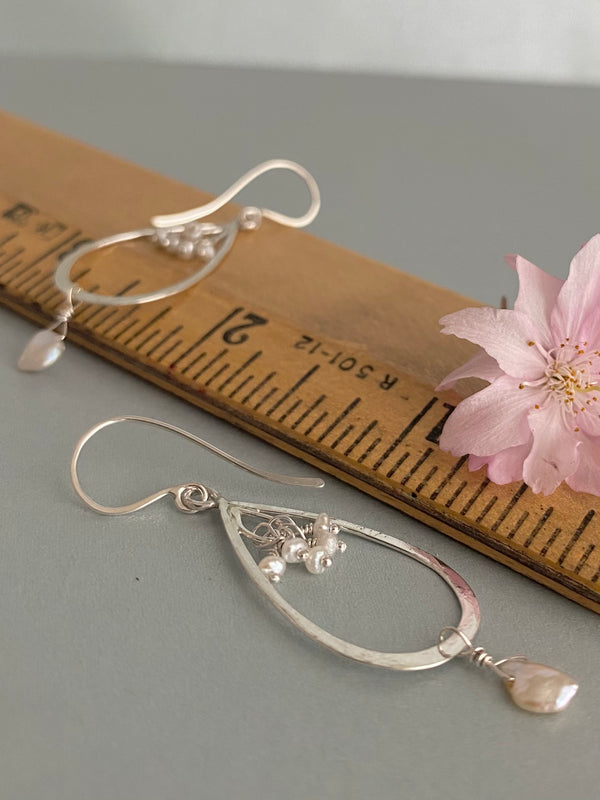 Large Petal & Keshi Pearl Drop Earring With Clusters, Sterling Silver