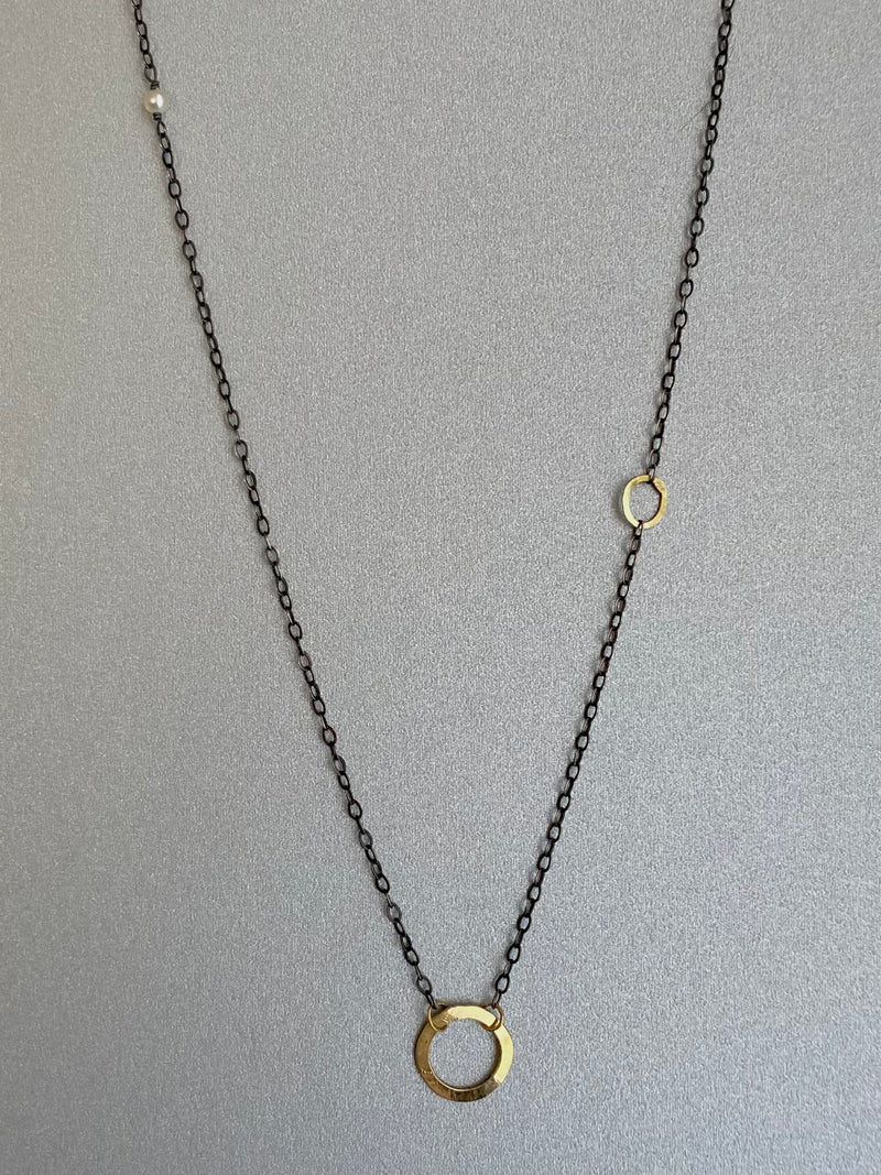 The Delicate Double Circle Necklace, Oxidized Silver & 18k Gold